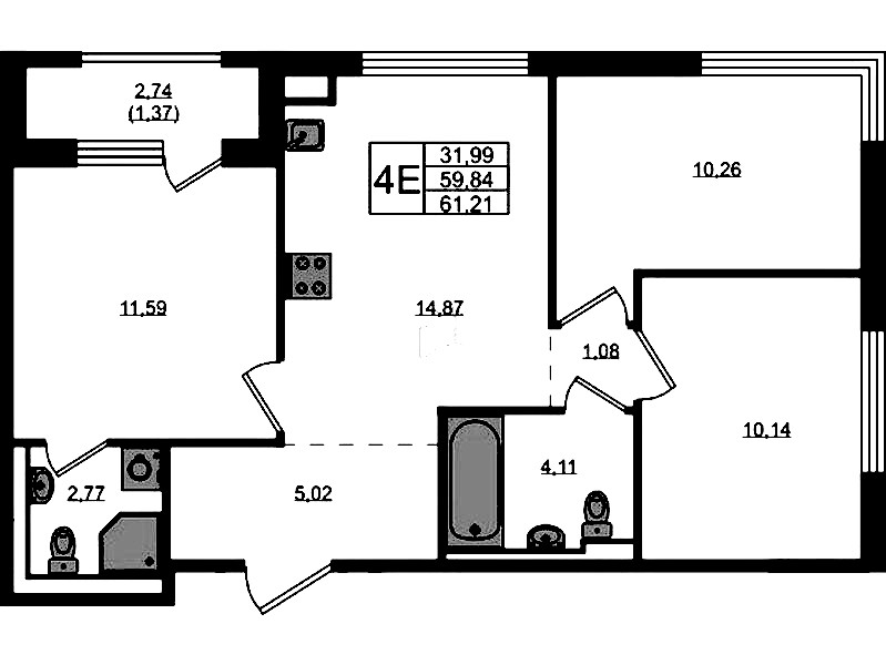 3-комнатная квартира 61.21 м², 5/12 эт., ЖК «GloraX Новоселье»